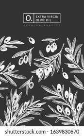 Olive branch design template. Hand drawn vector food illustration on chalk board. Engraved style mediterranean plant. Vintage botanical picture.