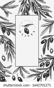 Olive branch design template. Hand drawn vector food illustration. Engraved style mediterranean plant. Vintage botanical picture.