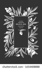 Olive branch design template. Hand drawn vector food illustration on chalk board. Engraved style mediterranean plant. Vintage botanical picture.