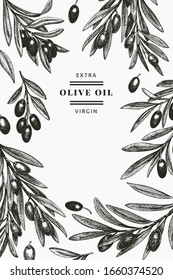Olive branch design template. Hand drawn vector food illustration. Engraved style mediterranean plant. Vintage botanical picture.