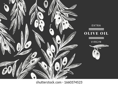 Olive branch design template. Hand drawn vector food illustration on chalk board. Engraved style mediterranean plant. Vintage botanical picture.