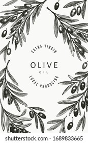 Olive branch design template. Hand drawn vector food illustration. Engraved style mediterranean plant. Vintage botanical picture.