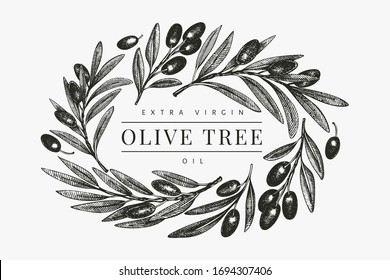 Olive branch design template. Hand drawn vector food illustration. Engraved style mediterranean plant. Vintage botanical picture.