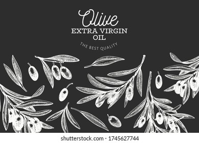 Olive branch design template. Hand drawn vector food illustration on chalk board. Engraved style mediterranean plant. Retro botanical picture.