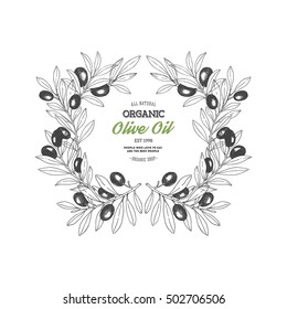 Olive branch. Design template. Vintage style packaging composition. Vector illustration