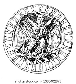 Olive Branch Eagle is a medallion shown at the Louvre, vintage line drawing or engraving illustration.