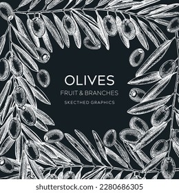 Diseño de marco de bifurcación de oliva en una pizarra. Fondo vectorial con hojas, bayas y bocetos de frutas. Comida vegana al estilo vintage. Tarjeta de ingredientes de aceite vegetal. Ilustración vectorial de árbol de oliva 