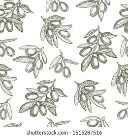 Olive branch with fruit. Linear graphic ink art. Seamless background pattern. Endless texture for your design, fabrics, decor.