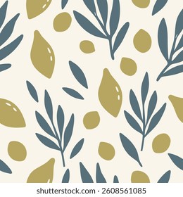 Olive Branch and Fruit Pattern. Seasonal texture, perfect for textile, wrapping paper or print designs.