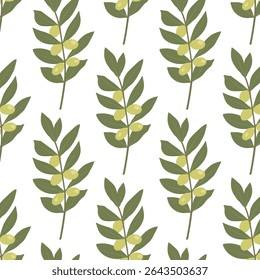 Olive branch with fruits on a white background. Botanical vector seamless pattern. Perfect for organic packaging and textiles.
