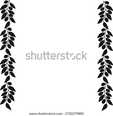 Olive branch garland border in soft black, hand drawn botanical frame for square invitation with copy space