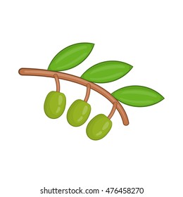 Olive branch with green olives icon in cartoon style on a white background