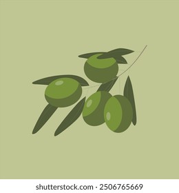 Rama de olivo con aceitunas verdes aisladas. Vista lateral. Cerca, Ilustración vectorial. Para cosméticos, spa, cuidado de la salud, perfumería, cocina, aromaterapia, medicina herbaria, cuidado de la piel, ungüentos, etiquetas, etiqueta