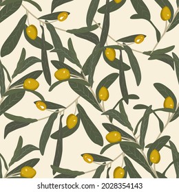 Olive branch with green olives seamless pattern.An endless pattern of green leaves. For wrapping paper. Ideal for wallpaper, surface textures, textiles.
