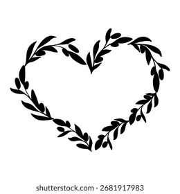 Olive branch heart frame for card or invitation Greenery silhouette boarder.