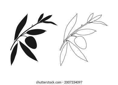 Olive branch icon set. Plant black silhouette, flat design illustration, outline contour leaves. Hand drawn realistic isolated elements. Vector