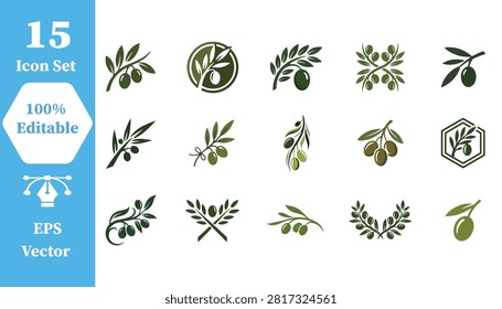 Olive branch icons and design elements set with botanical collection branding