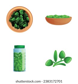 Olive branch icons set cartoon vector. Picked olive fruit in bowl. Organic product, healthy food