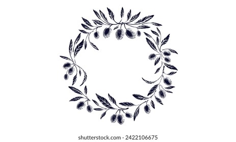 Impresión de rama de olivo. Silhouette de árbol de círculo vectorial, fruto del aceite. Diseño botánico mediterráneo para el paquete