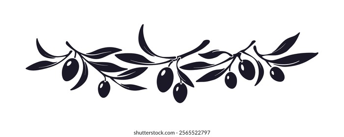 Olive branch label. Vector imprint. Greek oil fruit, farm harvest. Art ink horizontal symbol. Vector mediterranean tree isolate on white background. Packaging illustration for food design
