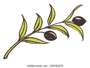 Olive branch with olive leaves and Black ripe olives. Hand drawn with brush & ink, vector illustration, fully adjustable & scalable.