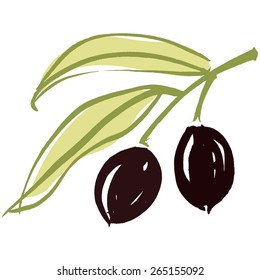 Olive branch with olive leaves and Black ripe olives. Hand drawn with brush & ink, vector illustration, fully adjustable & scalable.