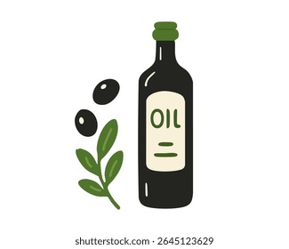 Olive Branch with Leaves and bottle of olive oil for a Mediterranean Food Theme Vector illustration