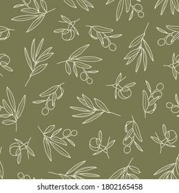 Olive Branch with Leaves and Fruit Seamless Pattern in a Trendy Minimal Style. Outline of a Botanical Background. Floral Green Vector Ornament for printing on fabric, invitation, wrapping, wallpaper