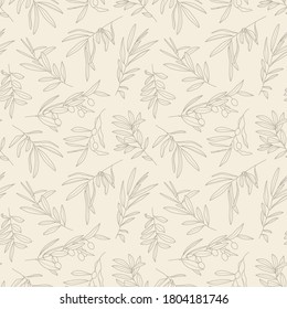 Olive Branch with Leaves and Fruit Seamless Pattern in a Trendy Minimal Style. Outline of a Botanical Background. Floral Green Vector Ornament for printing on fabric, invitation, wrapping, wallpaper