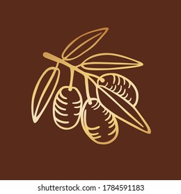 Olive branch with leaves and fruits. Isolated golden vector illustration on brown background. Stylized hand drawing.