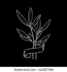 Olive branch with leaves with label to place a name. Vector illustration. Handmade nature line drawing. Isolated logotype.