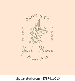 Olive Branch with Leaves Logo design template in modern minimal linear style. Abstract Feminine Vector Signs with Floral Illustration for Flowerb Shop, SPA salon, Organic cosmetics