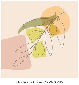 Olive branch in leaves and olives in a continuous line. Abstract style, flat design.