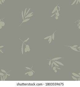 Olive Branch with Leaves Seamless Pattern in a Trendy Minimal Style. Outline of a Botanical Background. Floral Green Vector Ornament for printing on paper,labels, fabric, invitation, wallpaper