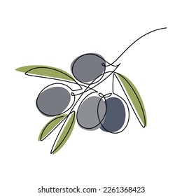 Olivenzweig mit Blättervektor. Linienführung, handgezeichnet botanische Illustration. Symbol für pflanzliche Umrisse. Minimale lineare Silhouette, Design, Druck, Banner, Karte, Broschüre, Logo, Menü.