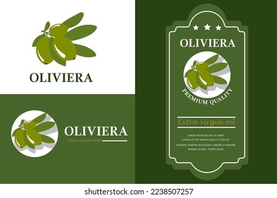 olive branch logo in 3 colour options with Olive Oil Label  Design template for packaging oil. Vector illustration