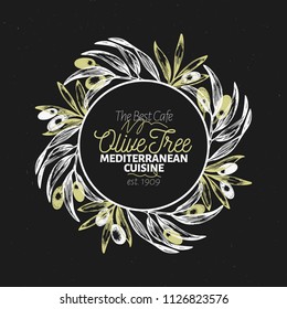 Olive branch logo template. Vector vintage illustration. Hand drawn engraved style frame. Design for olive oil, olive packaging, natural cosmetics, health care products. Retro style image.