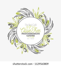Olive branch logo template. Vector vintage illustration. Hand drawn engraved style frame. Design for olive oil, olive packaging, natural cosmetics, health care products. Retro style image.