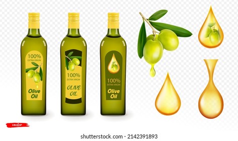 Olive branch and olive oil bottle isolated. Oil drops on transparent background. Realistic vector illustration of olive oil. Mockup of olive oil bottle.