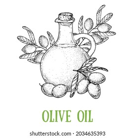 Olive branch and oil jug sketch, hand drawn vector illustration. Vintage design template. Healthy food illustration. Vintage logo, label