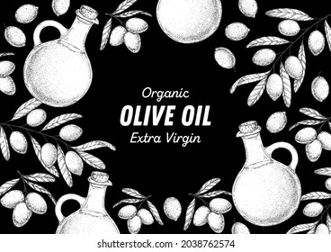 Olive branch, oil jug sketch. Hand drawn vector illustration. Design template. Healthy food illustration. Olive oil frame.