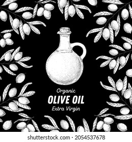 Olive branch, oil jug sketch. Hand drawn vector illustration. Design template. Healthy food illustration. Olive oil frame.
