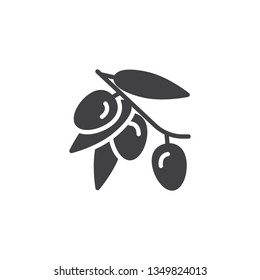 Olive branch with olives fruit vector icon. filled flat sign for mobile concept and web design. olives branch with leaves glyph icon. Symbol, logo illustration. Pixel perfect vector graphics
