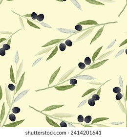 Olive branch with olives on light yellow background. Seamless Pattern. Watercolor Vector Background.