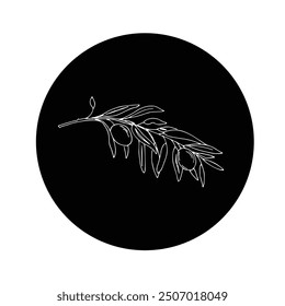 Olive Branch with Olives. White Outline on a black circle background. Hand drawn Vector illustration. Black and White line art for cards, logos and food, cosmetic design.