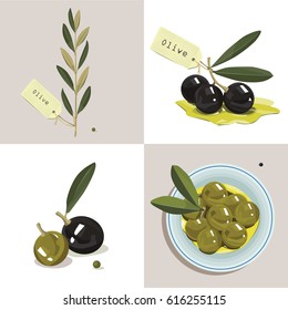 Olive branch. Olive on a plate.Vector illustration.