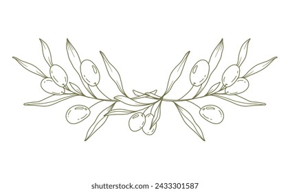 Olive branch on white background vector illustration. Olives Line Drawing. Black and white Olive Branches. Floral Line Art. Fine Line Olives illustration. Hand Drawn Olive. Wedding invitation greenery