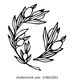 Olive branch on white background illustration. Doodle style. Design icon, print, logo, poster, symbol, decor, textile, paper, card. 
