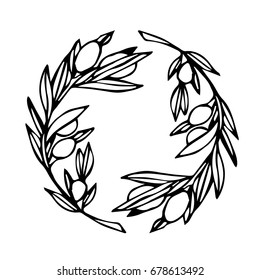 Olive branch on white background illustration. Doodle style. Design icon, print, logo, poster, symbol, decor, textile, paper, card. 