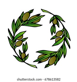 Olive branch on white background illustration. Doodle style. Design icon, print, logo, poster, symbol, decor, textile, paper, card. 